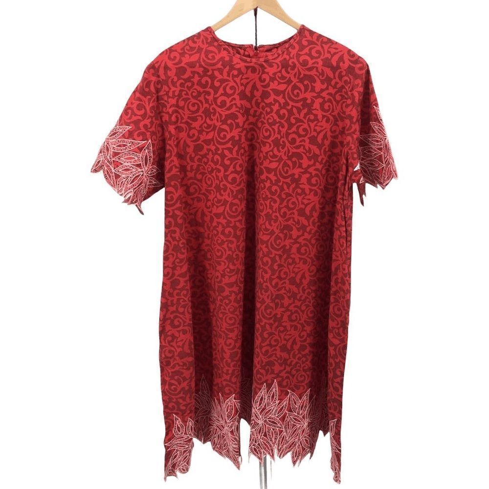 70’s Vintage Handmade Red Print Embroidered Housedress Short Sleeve